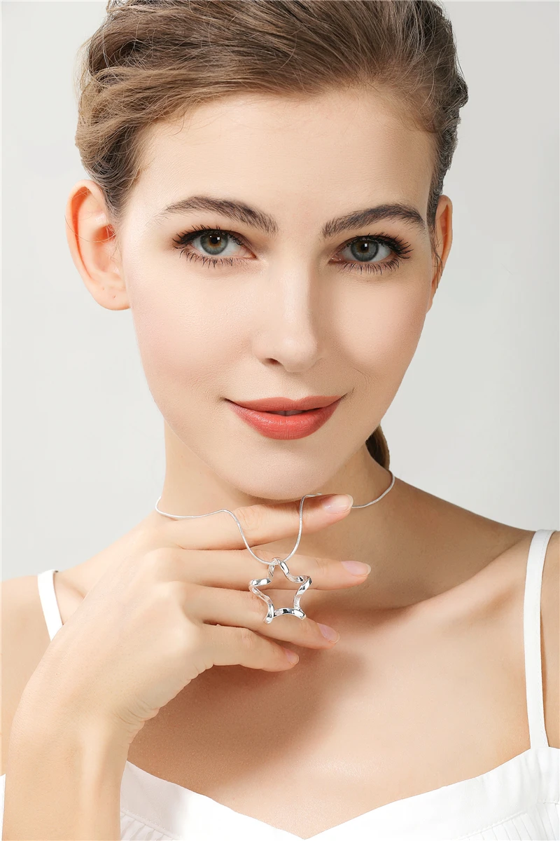Star 925 Sterling Silver Pendant Necklace | 45cm Snake Chain For Women | Wedding Engagement Jewelry
