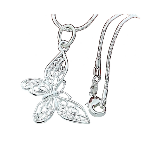 Butterfly 925 Sterling Silver Pendant Necklace | 45cm Snake Chain For Women | Wedding Engagement Jewelry